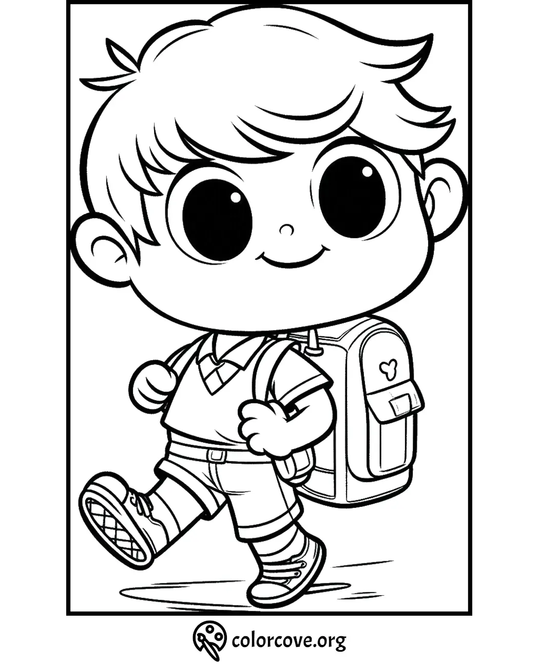 Cute boy with a backpack coloring page, perfect for kids' activities and creative fun.