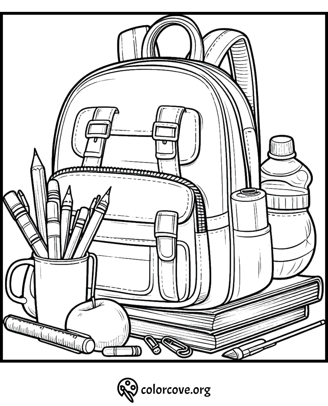 Back-to-school coloring page featuring a backpack, stationery, books, apple, and water bottle.