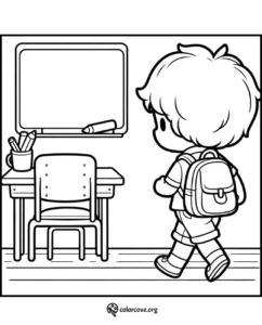 Child with backpack walking to school desk and chalkboard in coloring page.