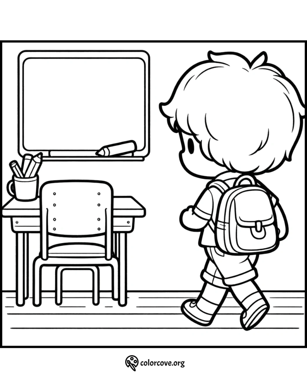 Child with backpack walking to school desk and chalkboard in coloring page.