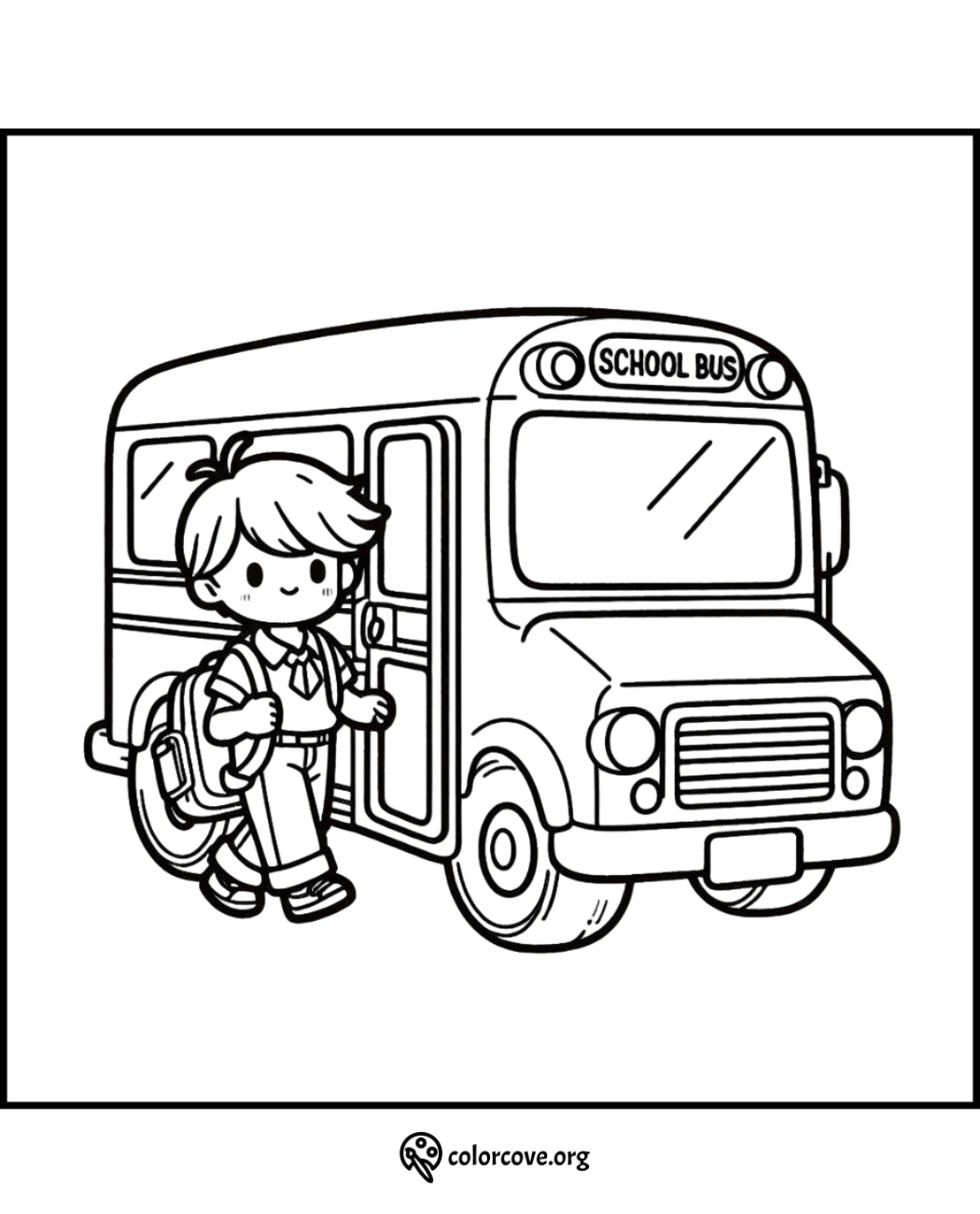 Child boarding school bus coloring page, perfect for kids' back-to-school activities and coloring fun.