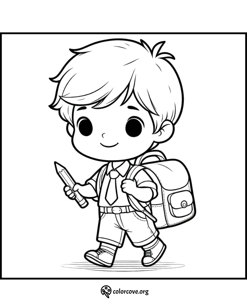 Cute cartoon boy with backpack and pencil, ready for school coloring page. Perfect for kids' creative activities.