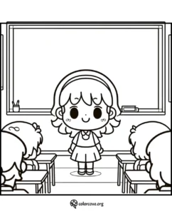 Cartoon girl teacher in classroom with students, perfect for kids' coloring activity. Simple and educational design.
