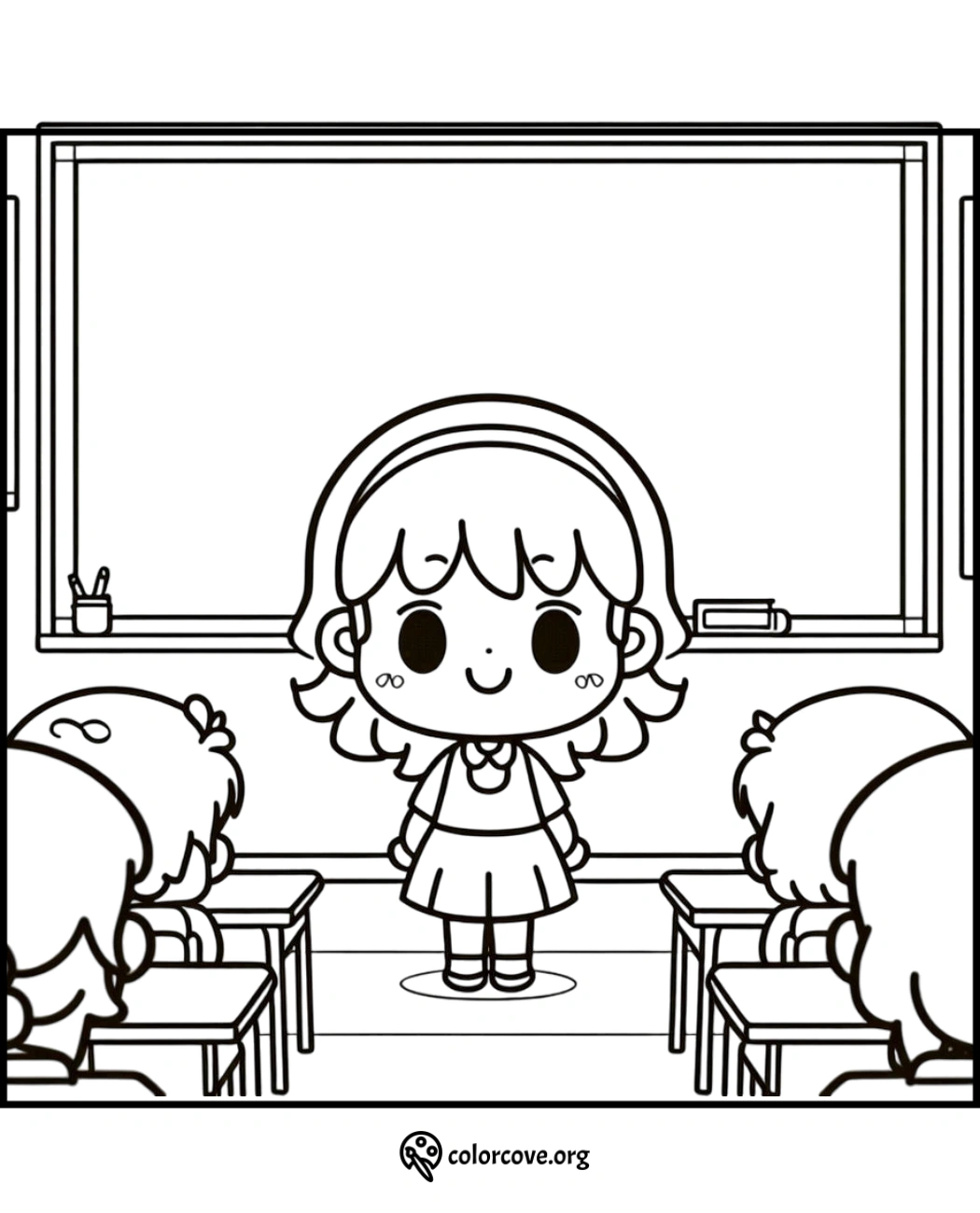 Cartoon girl teacher in classroom with students, perfect for kids' coloring activity. Simple and educational design.