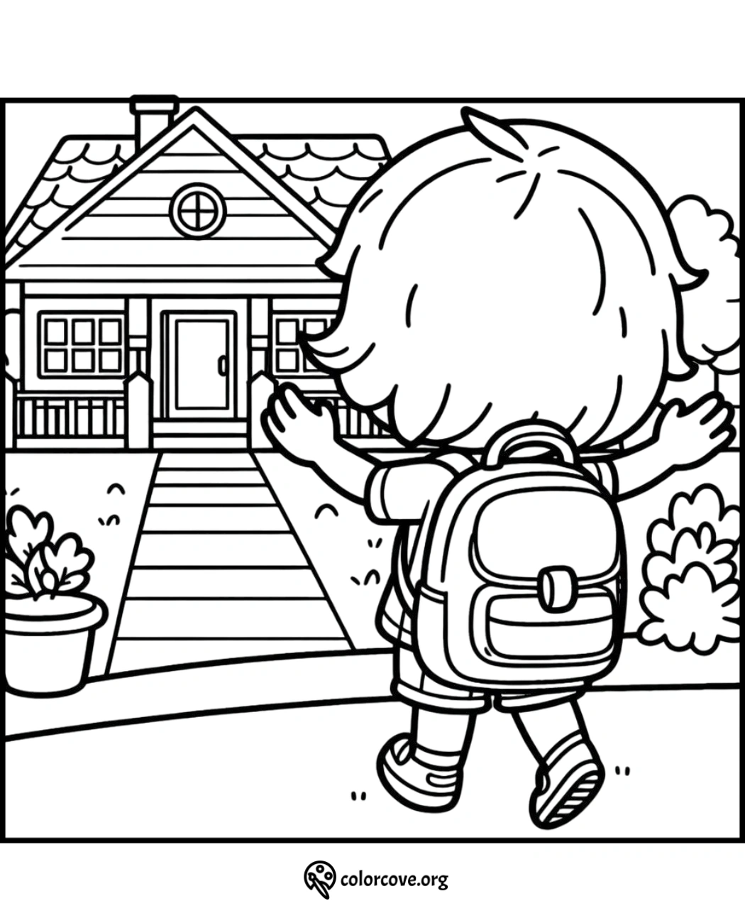 Child with backpack running towards a house, coloring page for kids. Fun back-to-school activity and home scene.