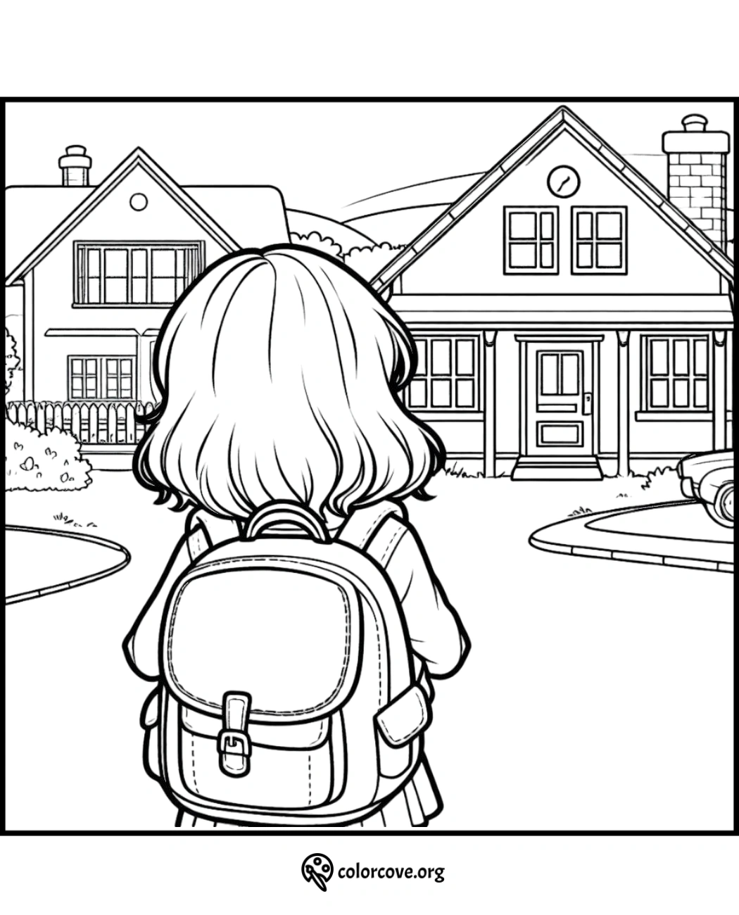 Child with backpack facing houses, ready for adventure. Coloring page by ColorCove.