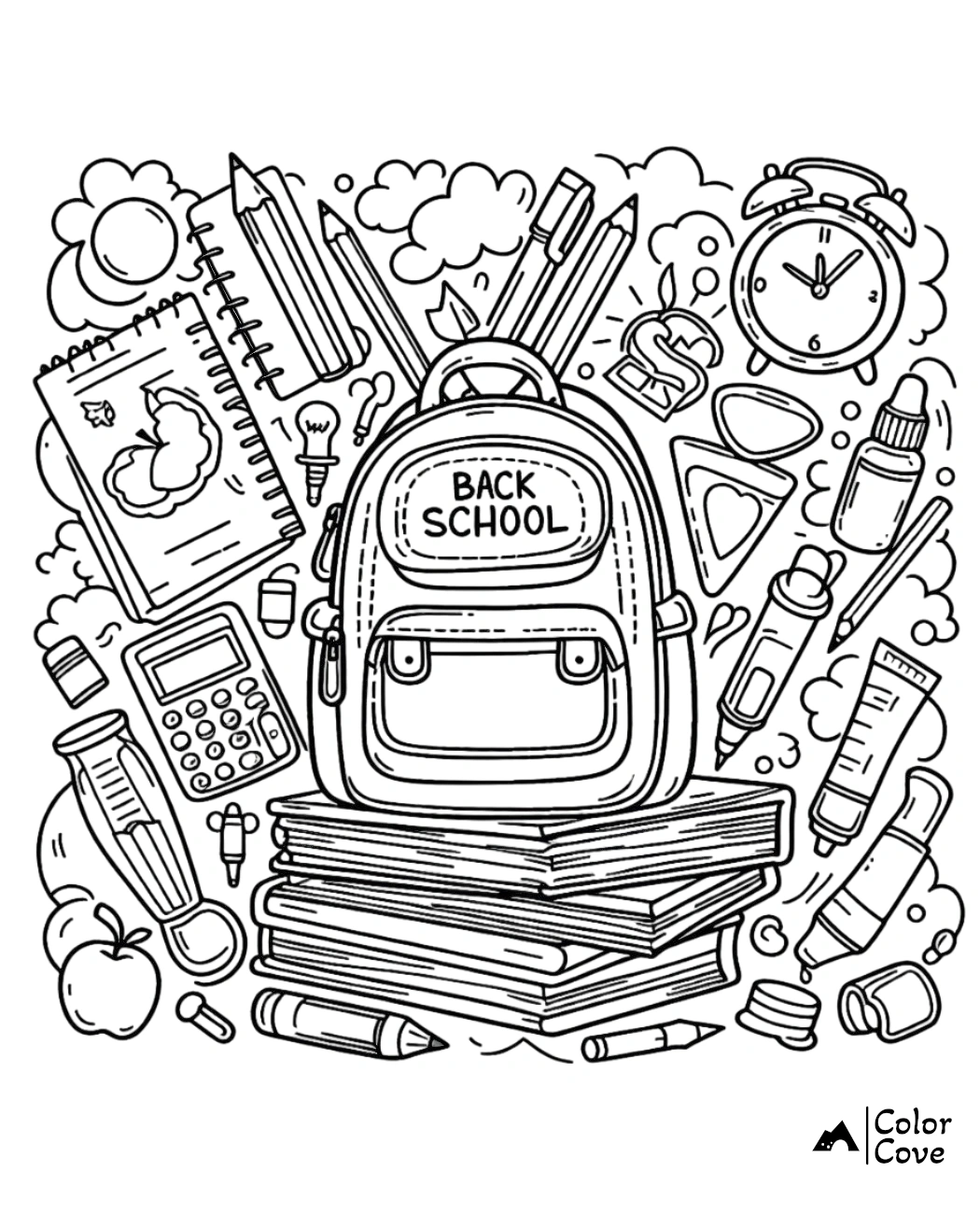 a black and white illustration of a backpack and school supplies