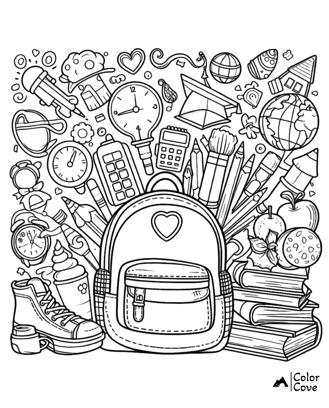 a black and white illustration of a backpack and school supplies