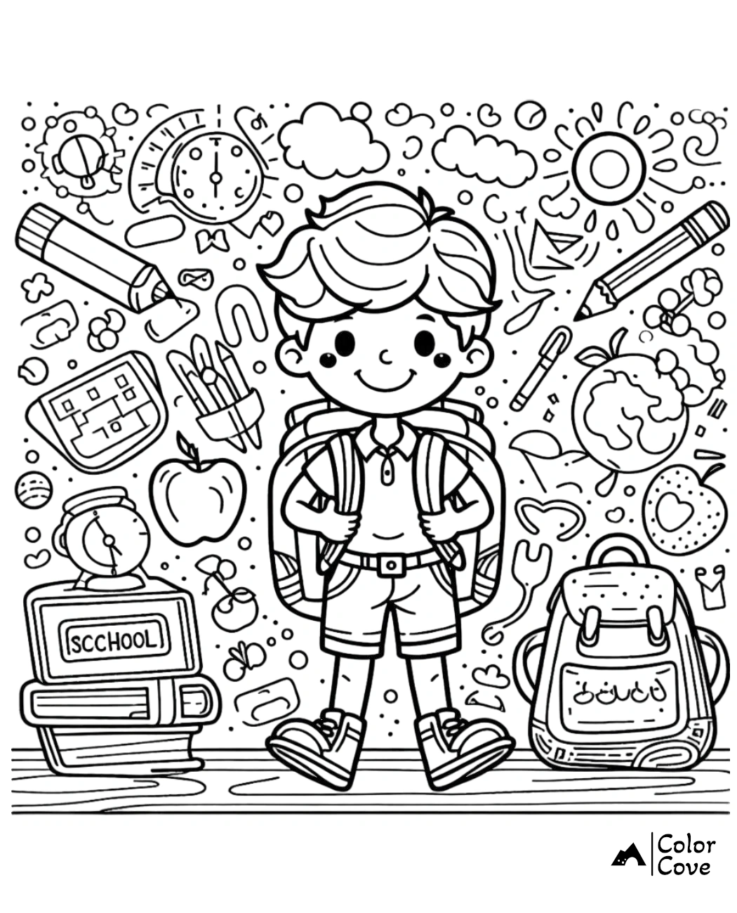 a cartoon of a boy with a backpack and school supplies