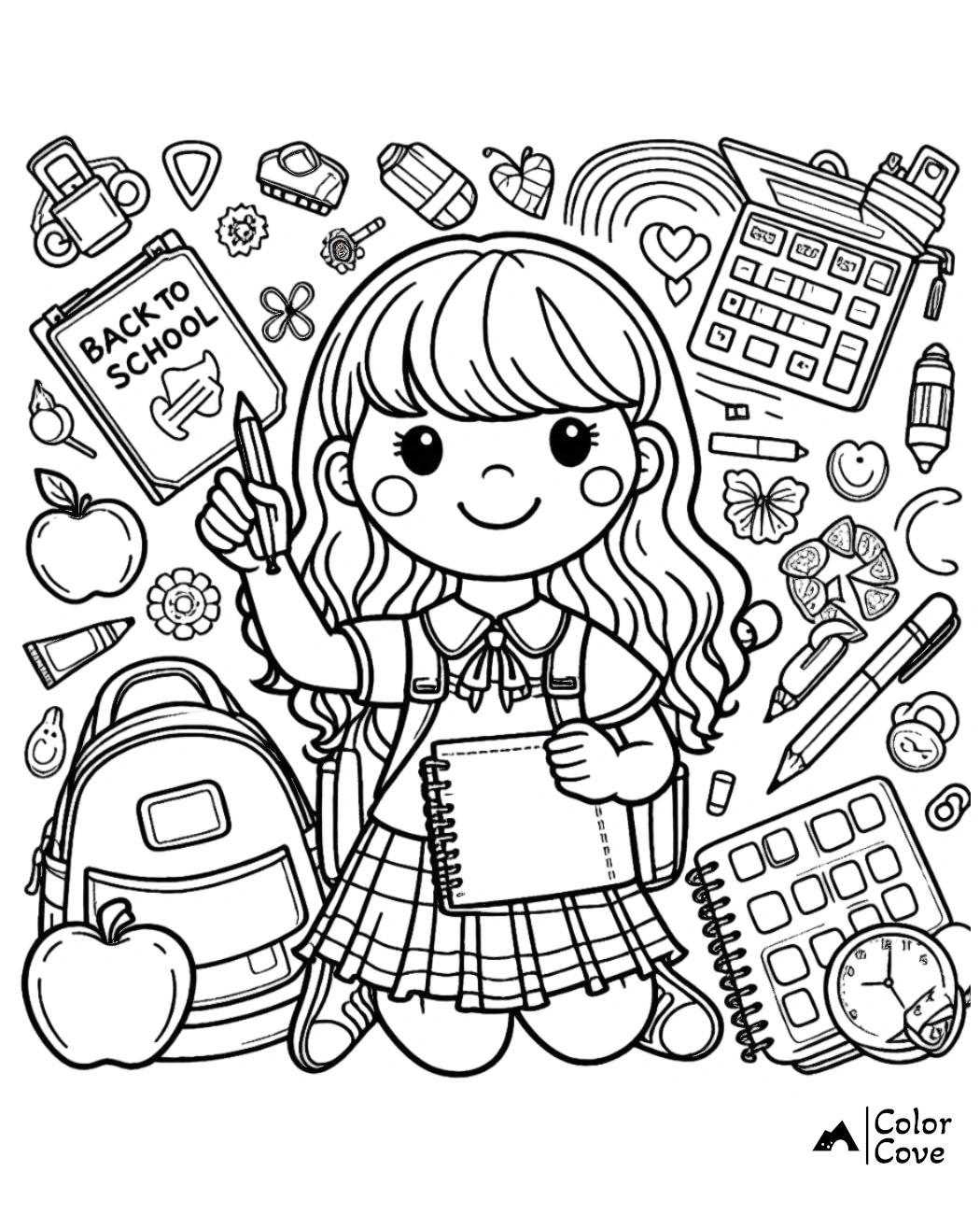 a black and white of a girl holding a notebook and a backpack