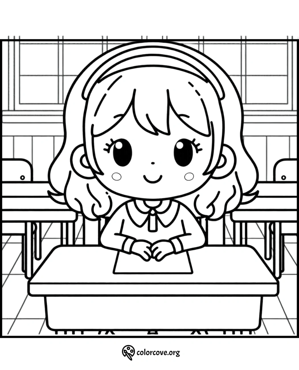 Cute girl in a classroom coloring page, perfect for kids to color and learn. Download and print for free from colorcove.org.