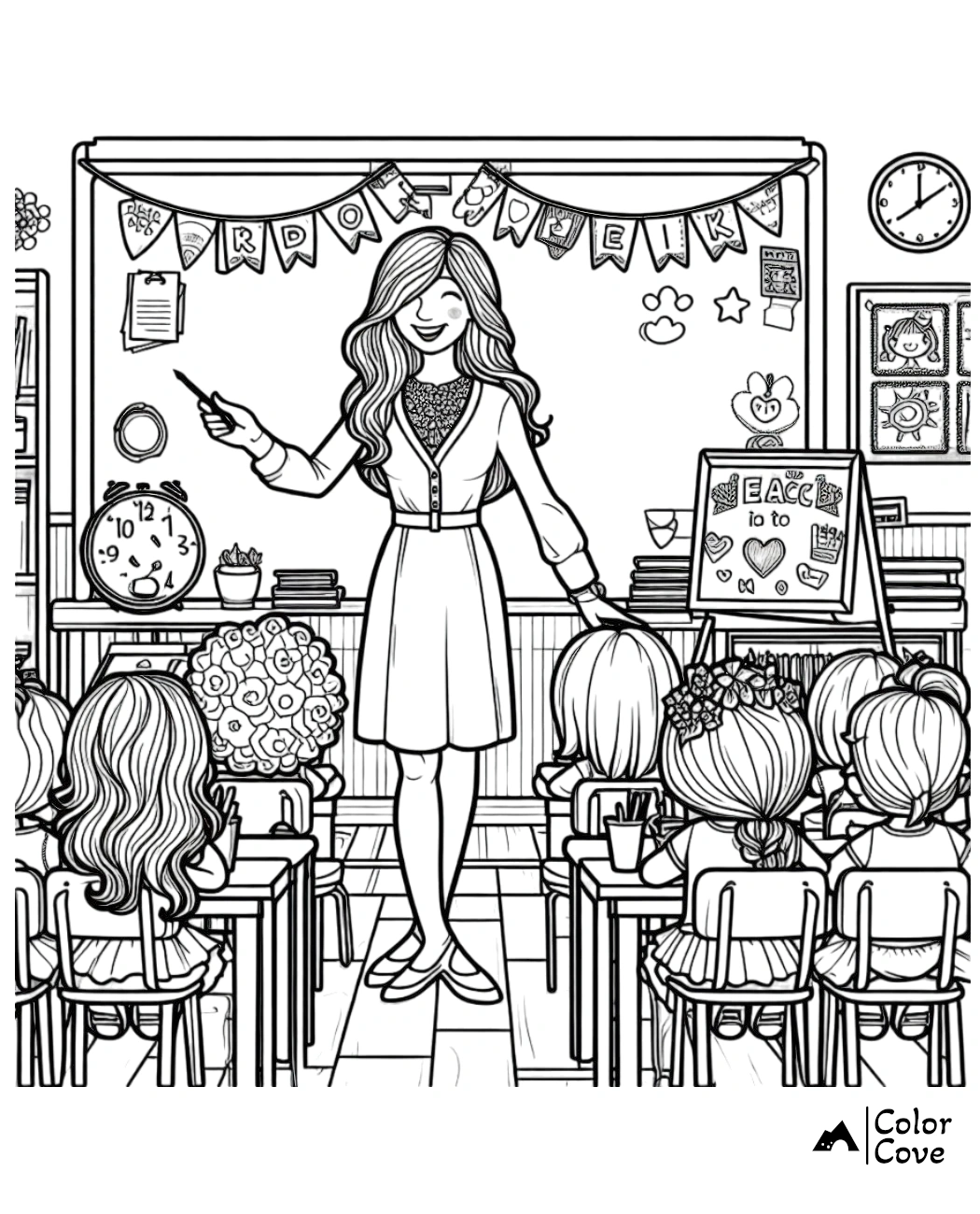 a woman standing in front of a classroom with a group of children