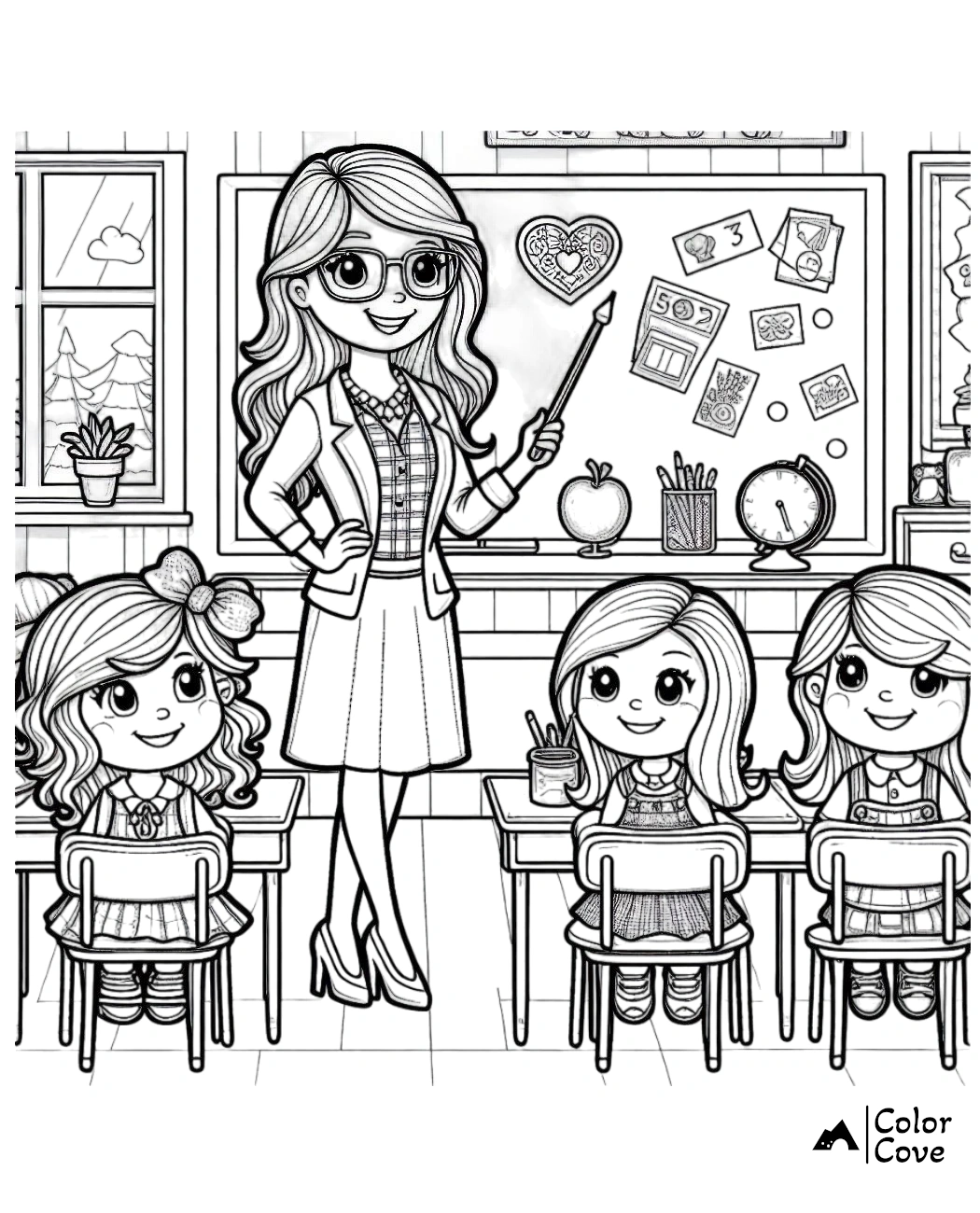 a coloring page of a teacher and students in a classroom