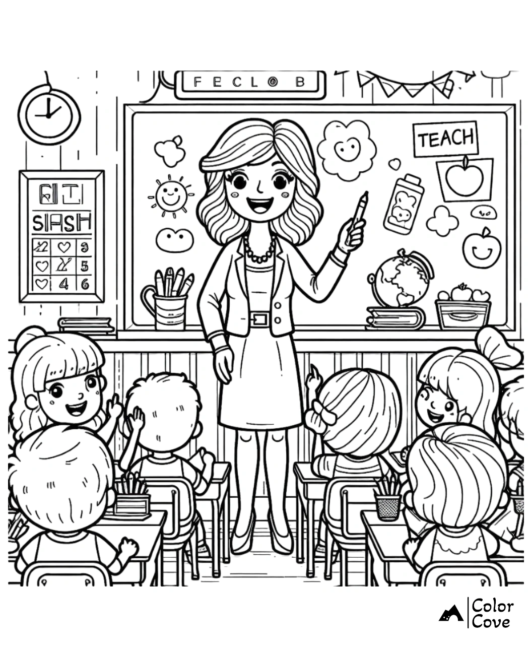 a woman standing in a classroom with a group of kids