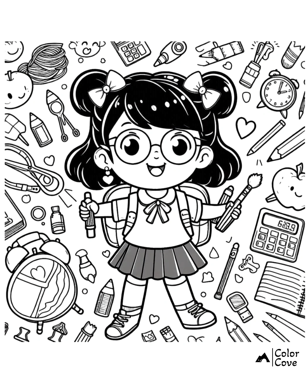 a cartoon of a girl with school supplies