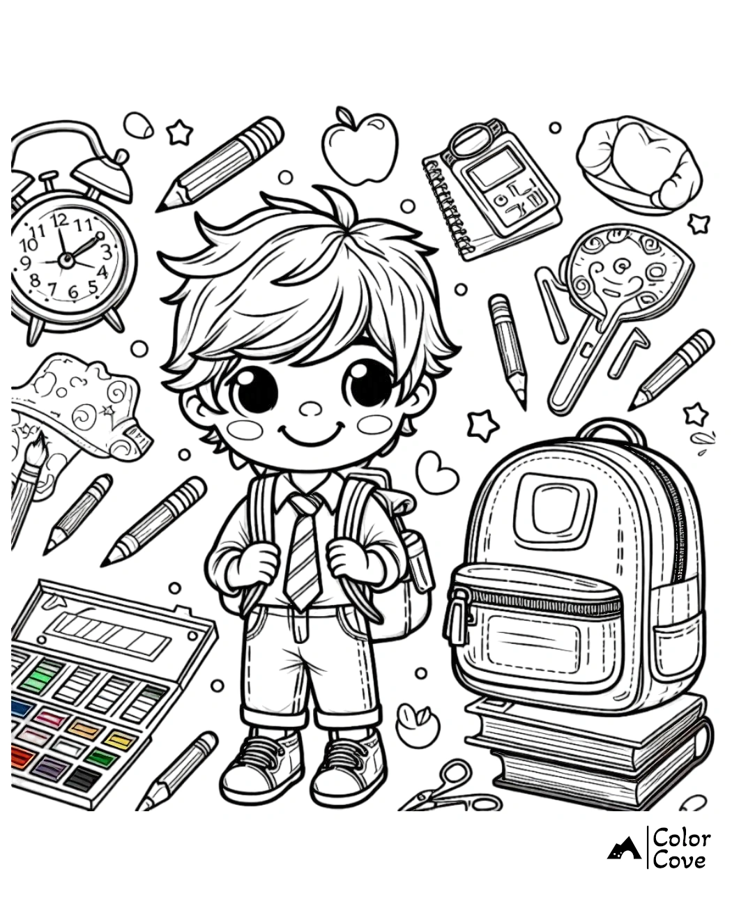 a black and white of a boy with school supplies