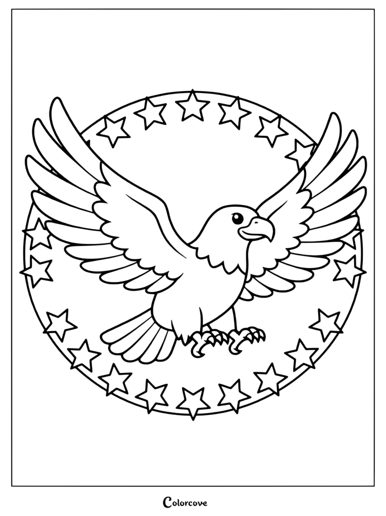 Bald Eagle coloring page featuring a patriotic bird spreading its wings inside a circular frame decorated with stars.