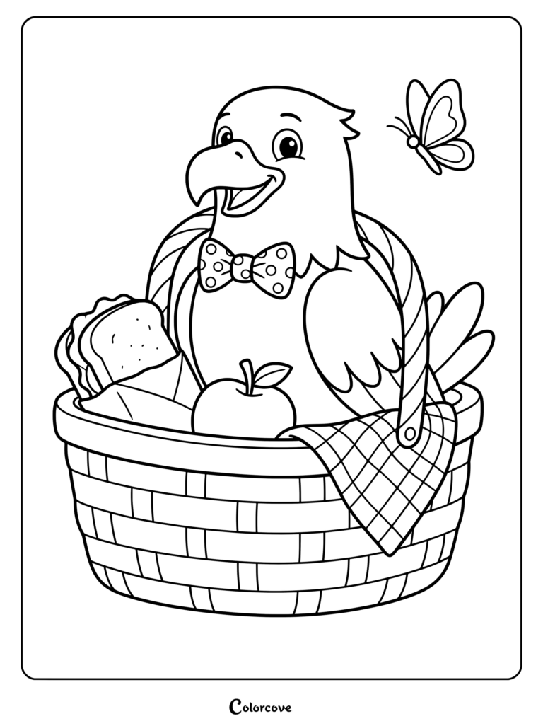 A friendly bald eagle wearing a polka dot bow tie sitting inside a picnic basket with a sandwich, an apple, and a butterfly in this bald eagle coloring page.