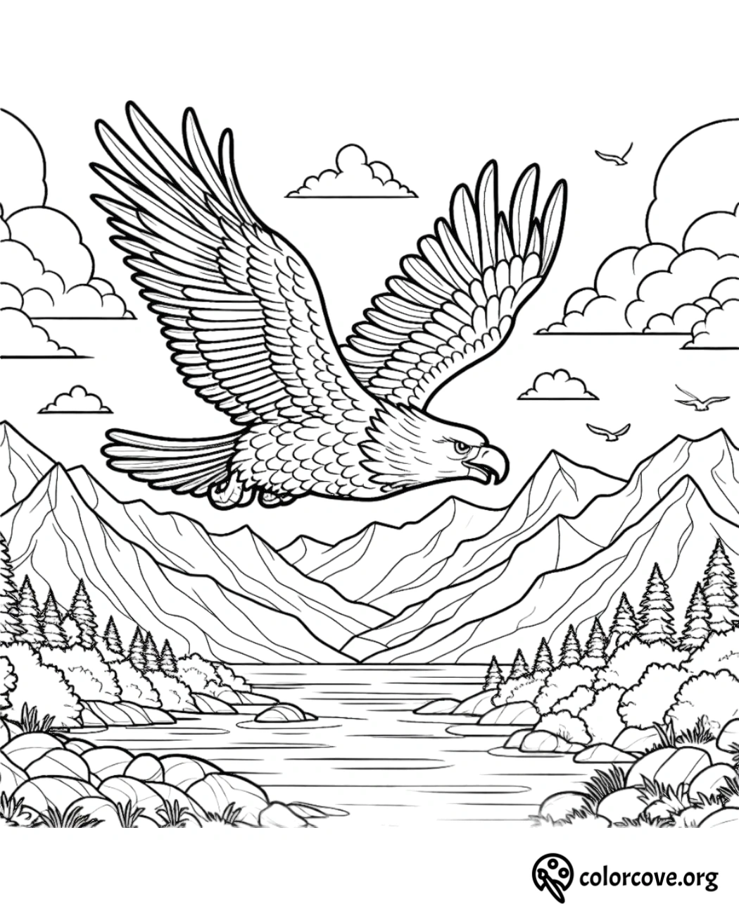 a drawing of a bird flying over a river