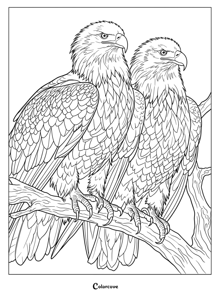 Two majestic bald eagle birds perched together on a tree branch in this detailed coloring page.