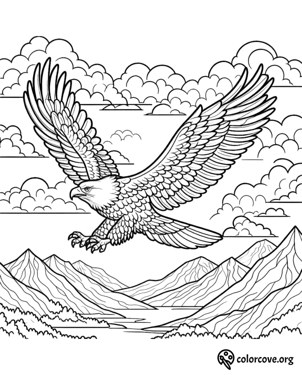 a drawing of an eagle flying over mountains