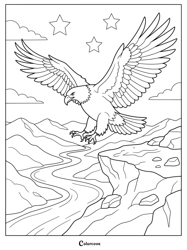 Bald Eagle coloring page featuring a majestic bird soaring above mountain landscapes and a winding river with stars in the sky