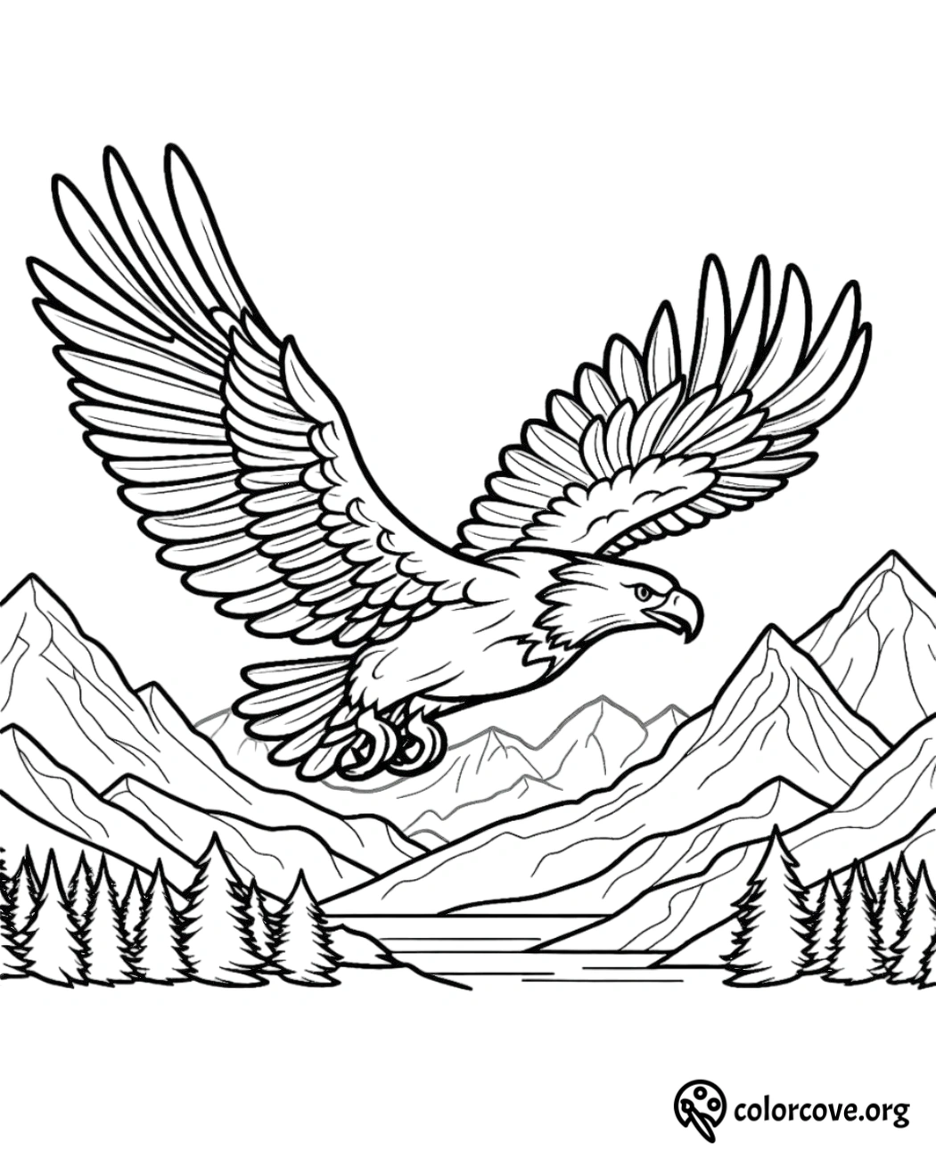 a drawing of a bird flying over mountains