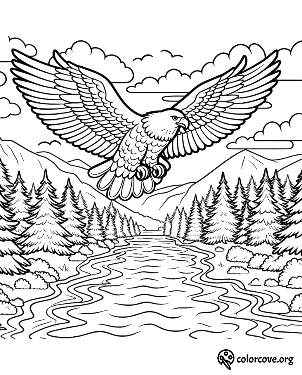 a drawing of a bird flying over a river