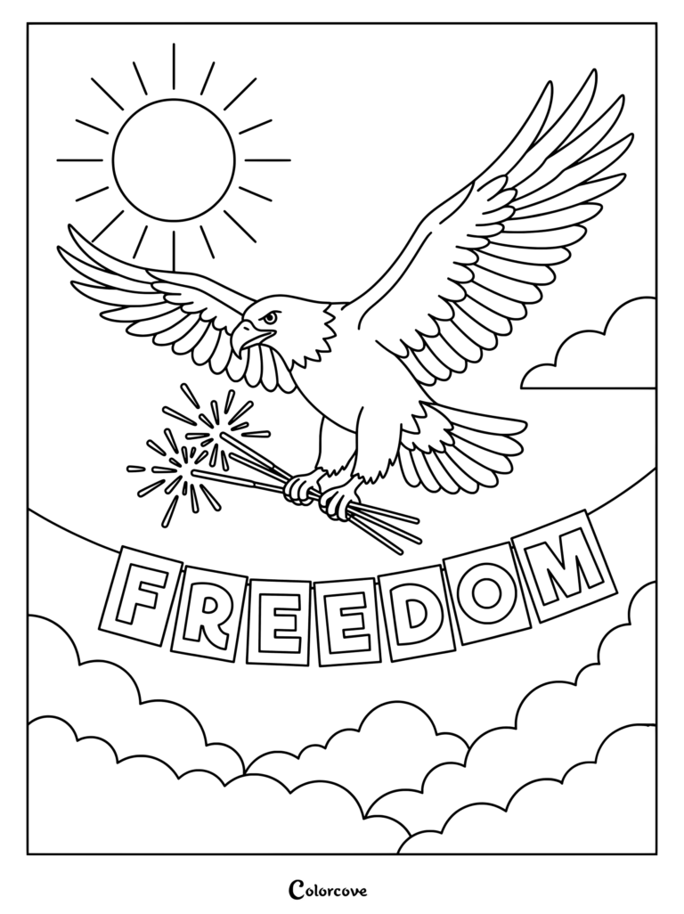 Bald Eagle coloring page featuring the bird soaring over a freedom banner with sparklers and a sun.