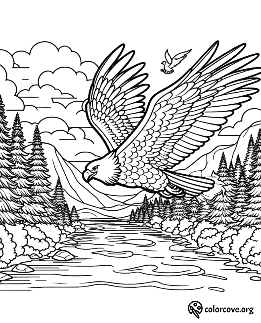 a drawing of a bird flying over a river