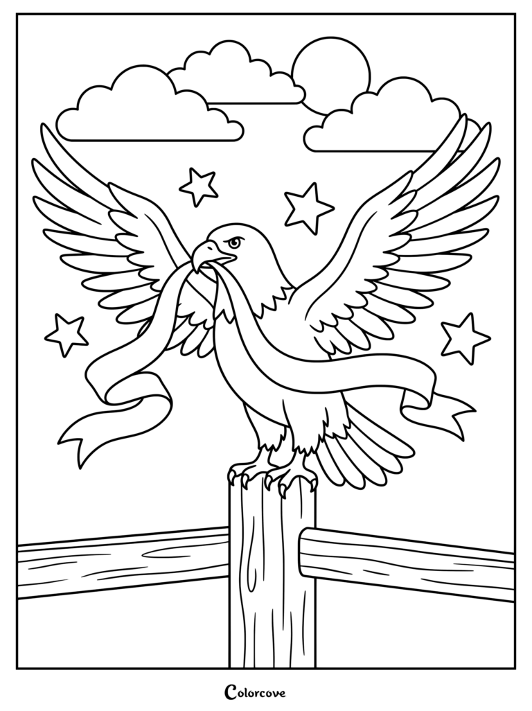 Bald Eagle coloring page featuring the bird perched on a post holding a ribbon surrounded by stars.