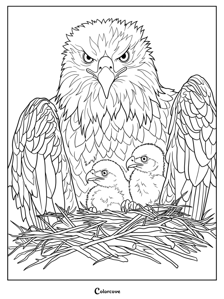 Protective Bald Eagle mother watching over her two chicks in a twig nest printable coloring page