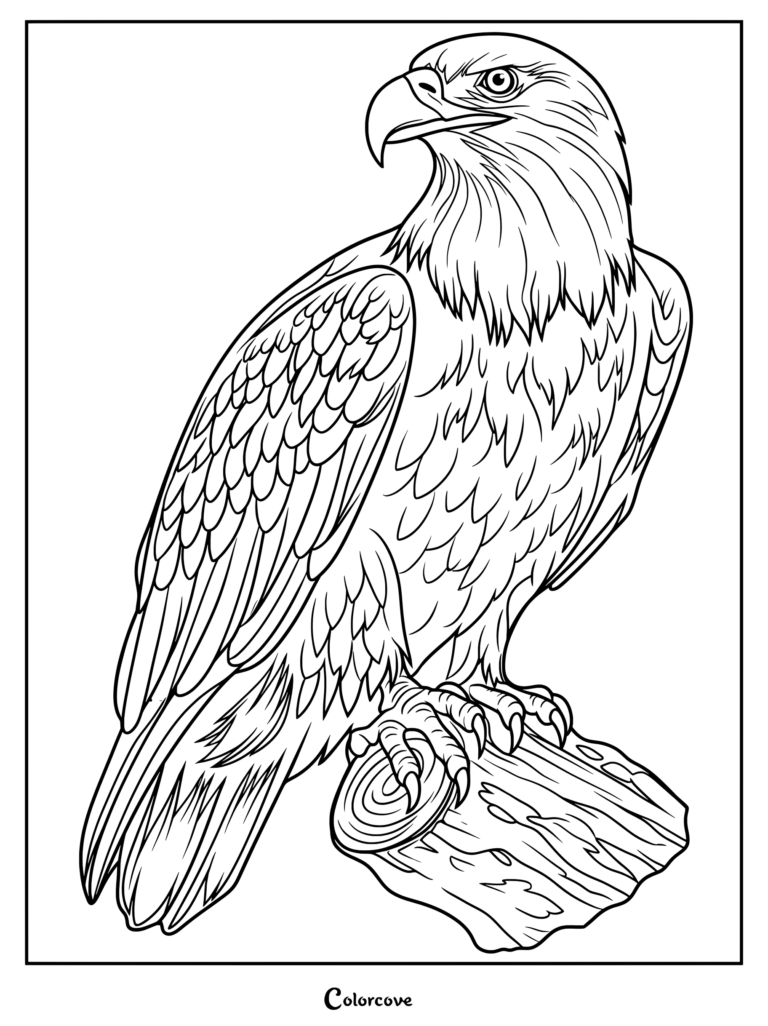 Detailed coloring page of a majestic bald eagle perched on a wooden log.