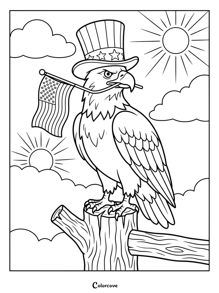 Bald Eagle coloring page featuring a patriotic bird wearing an Uncle Sam top hat and holding an American flag in its beak.