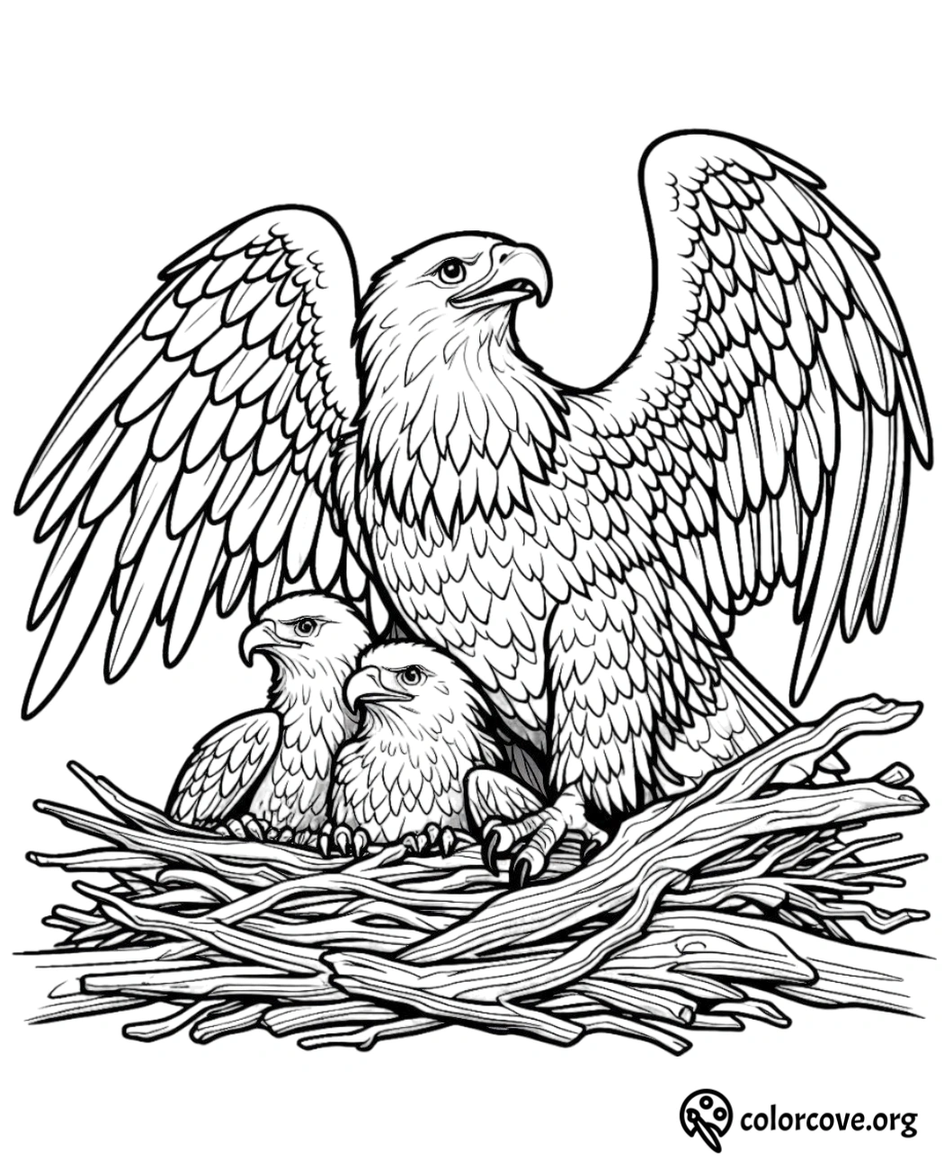 a black and white drawing of an eagle and two birds