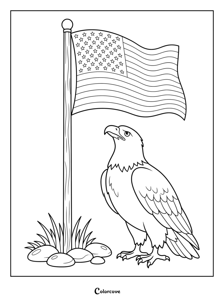 Bald Eagle coloring page featuring a proud bird standing beside an American flag on a pole.