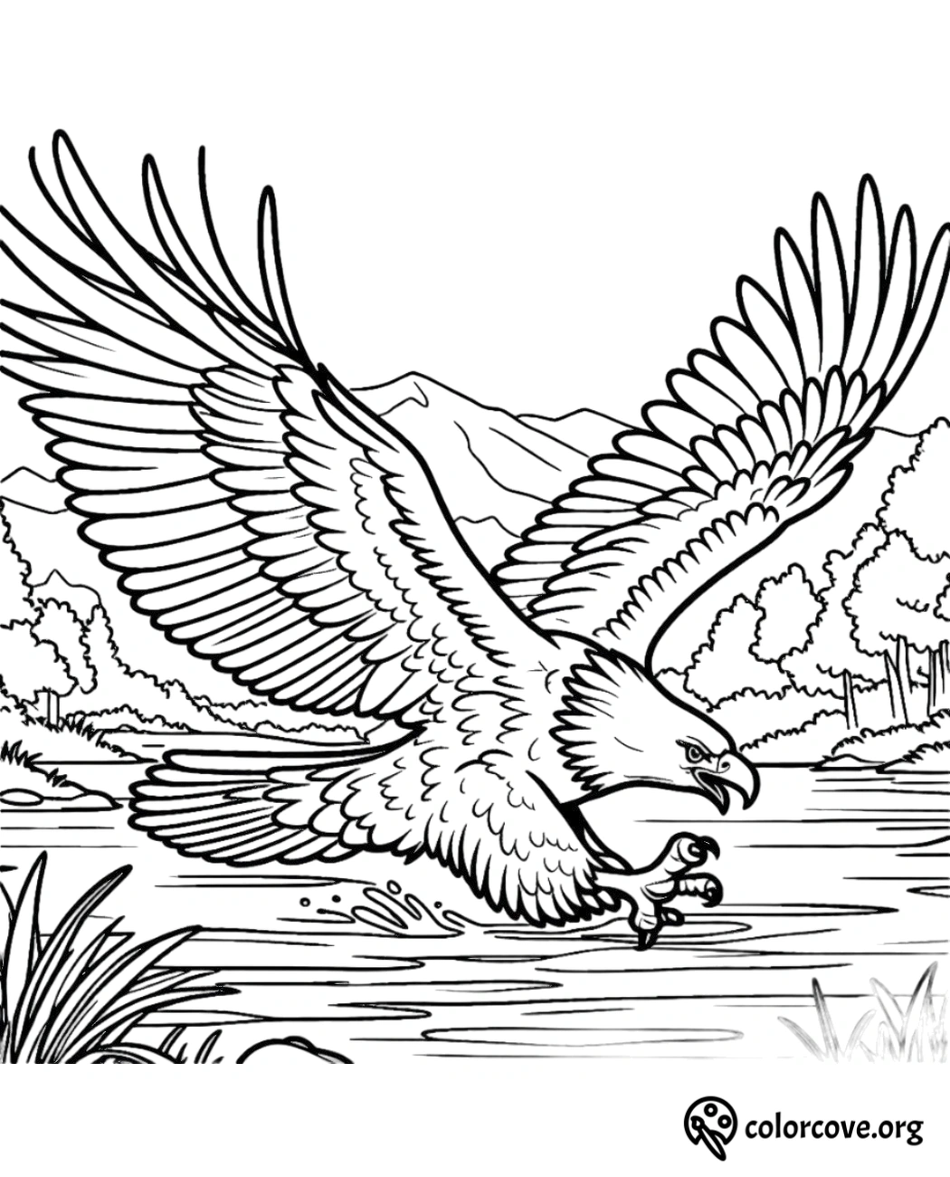 a drawing of an eagle landing on a river