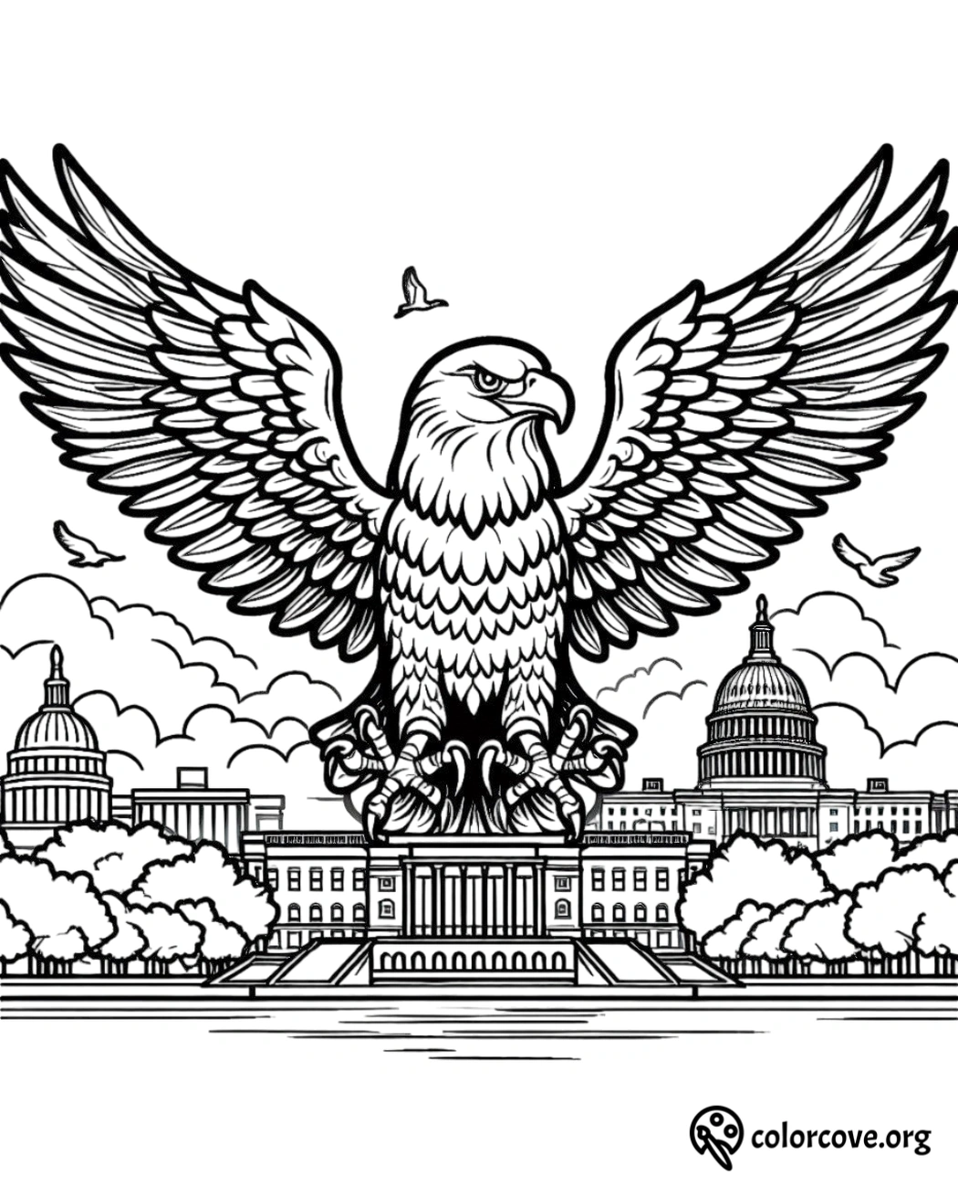 a drawing of an eagle with a building in the background