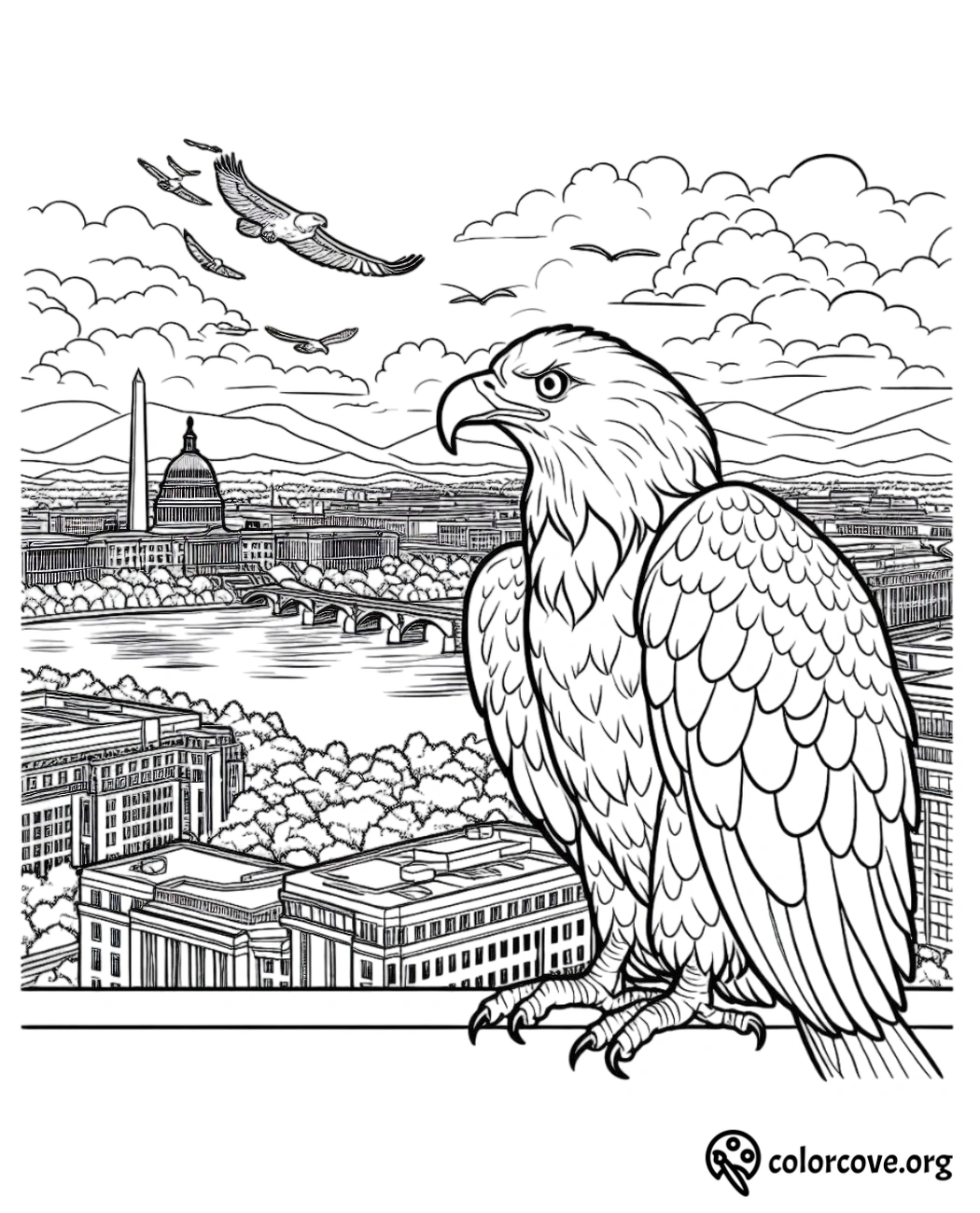 a drawing of a bird and a city