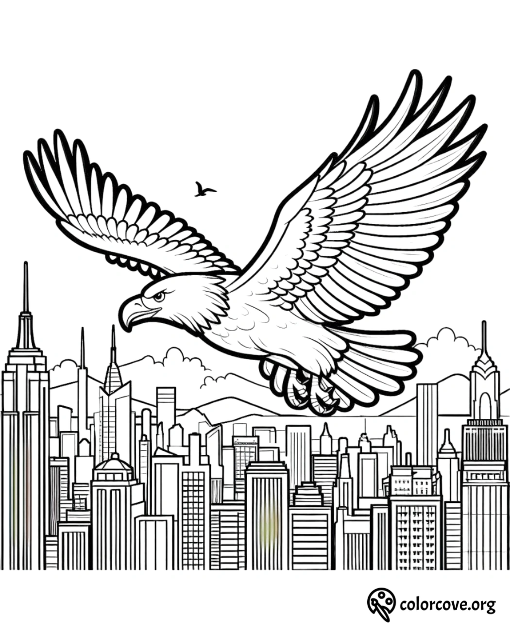 a drawing of a bird flying over a city