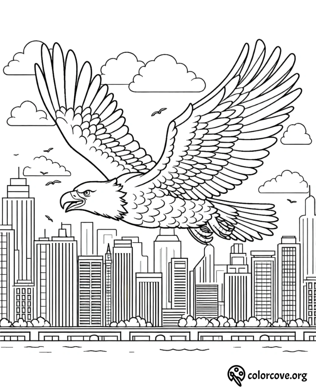 a drawing of a bird flying over a city