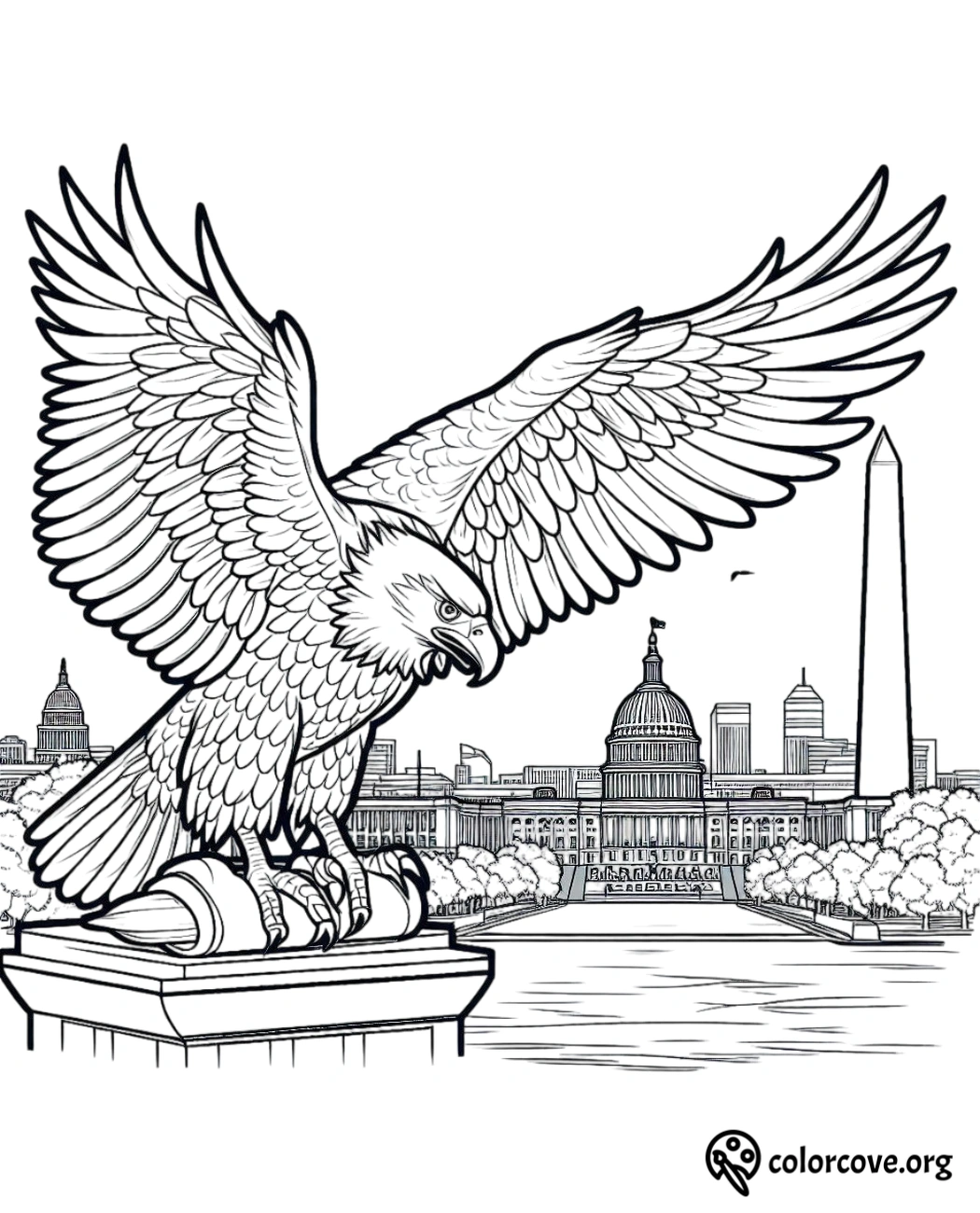 a drawing of an eagle with a city in the background