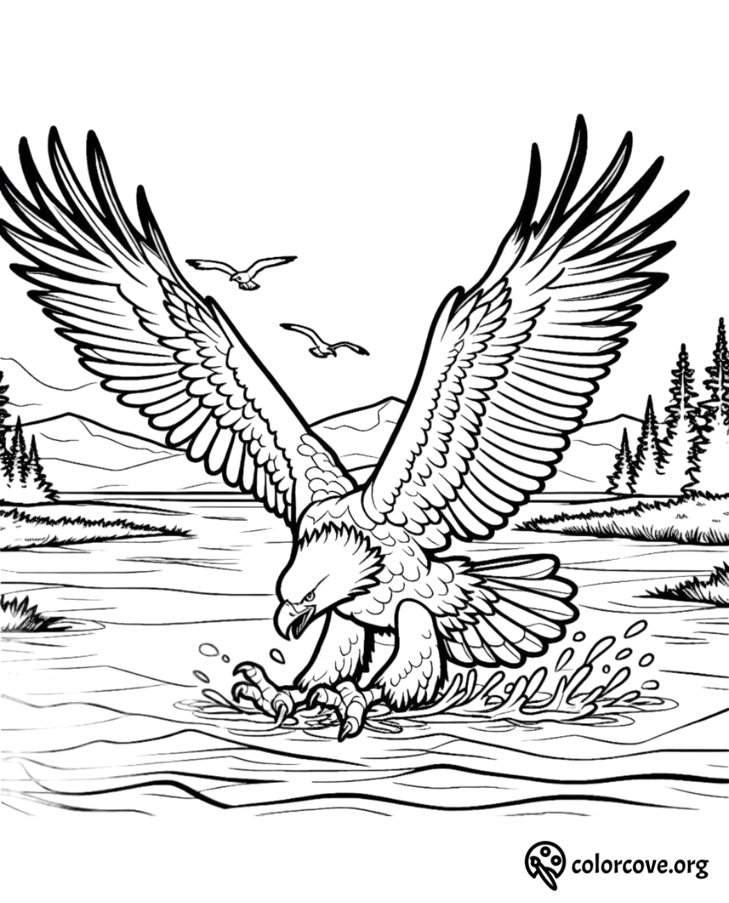 a drawing of an eagle landing on water