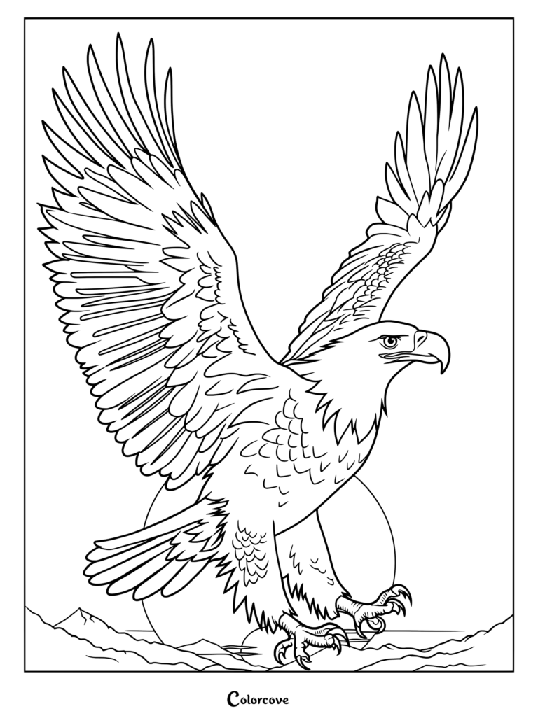 Bald Eagle coloring page featuring a majestic bird soaring with wings spread wide over mountains.