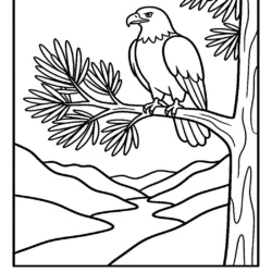 A detailed bald eagle perched on a tree branch overlooking a mountain landscape coloring page for kids and adults to print.