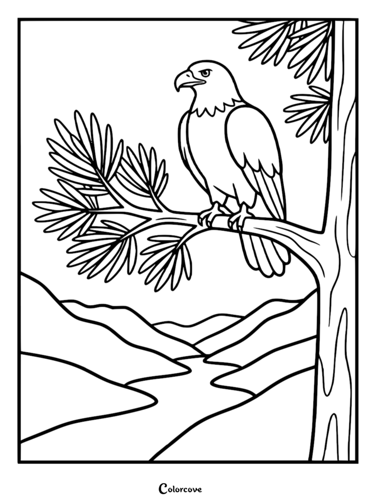 A printable Bald Eagle coloring page featuring a majestic eagle perched on a pine tree branch overlooking a mountain valley landscape.