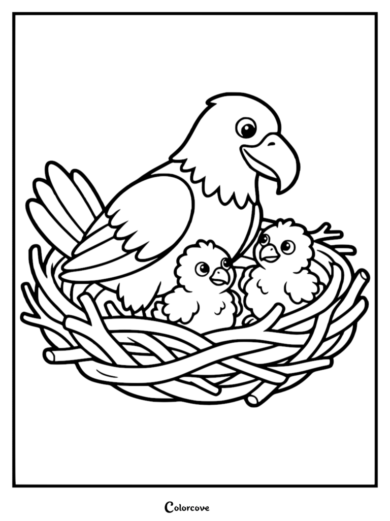 A mother bald eagle sitting in a nest with two fluffy eaglets in this free printable coloring page.