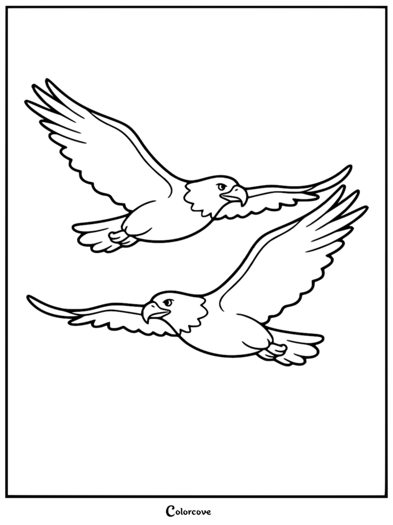 Two majestic bald eagles soaring through the sky in this printable coloring page.