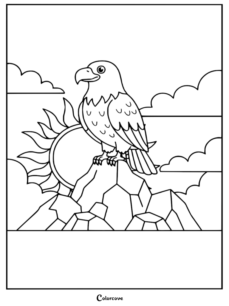 A bald eagle perched on a rocky mountain peak with a sun and clouds in the background, featured in a free printable coloring page.