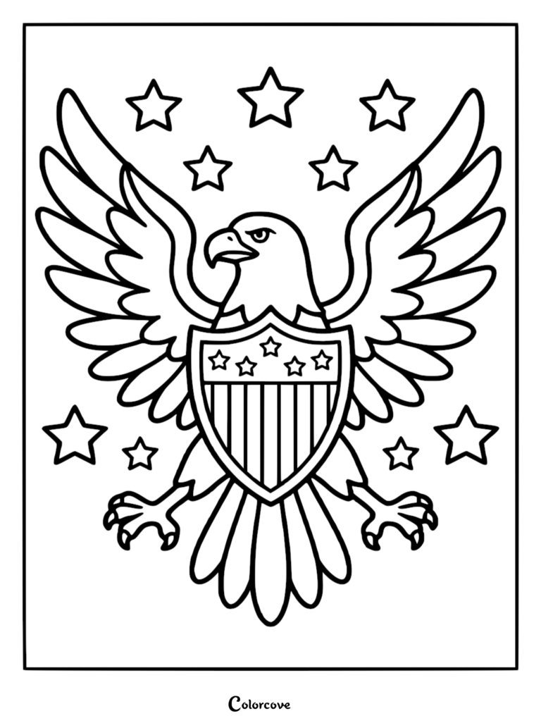 Bald Eagle coloring page featuring a majestic eagle with wings spread wide behind a patriotic shield surrounded by stars.